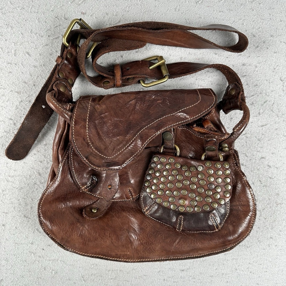 Campomaggi Bianchi Saddle Crossbody Bag + Detachable Mini Purse Leather Studded